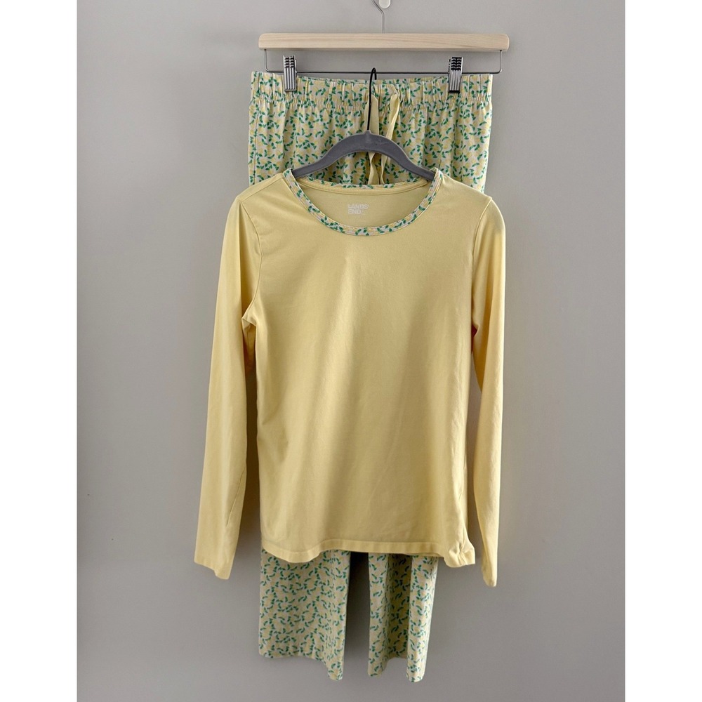 Lands End Pajama Set Yellow Lemon Print Long Sleeve Pants XXS 00-0 Cottage Cozy